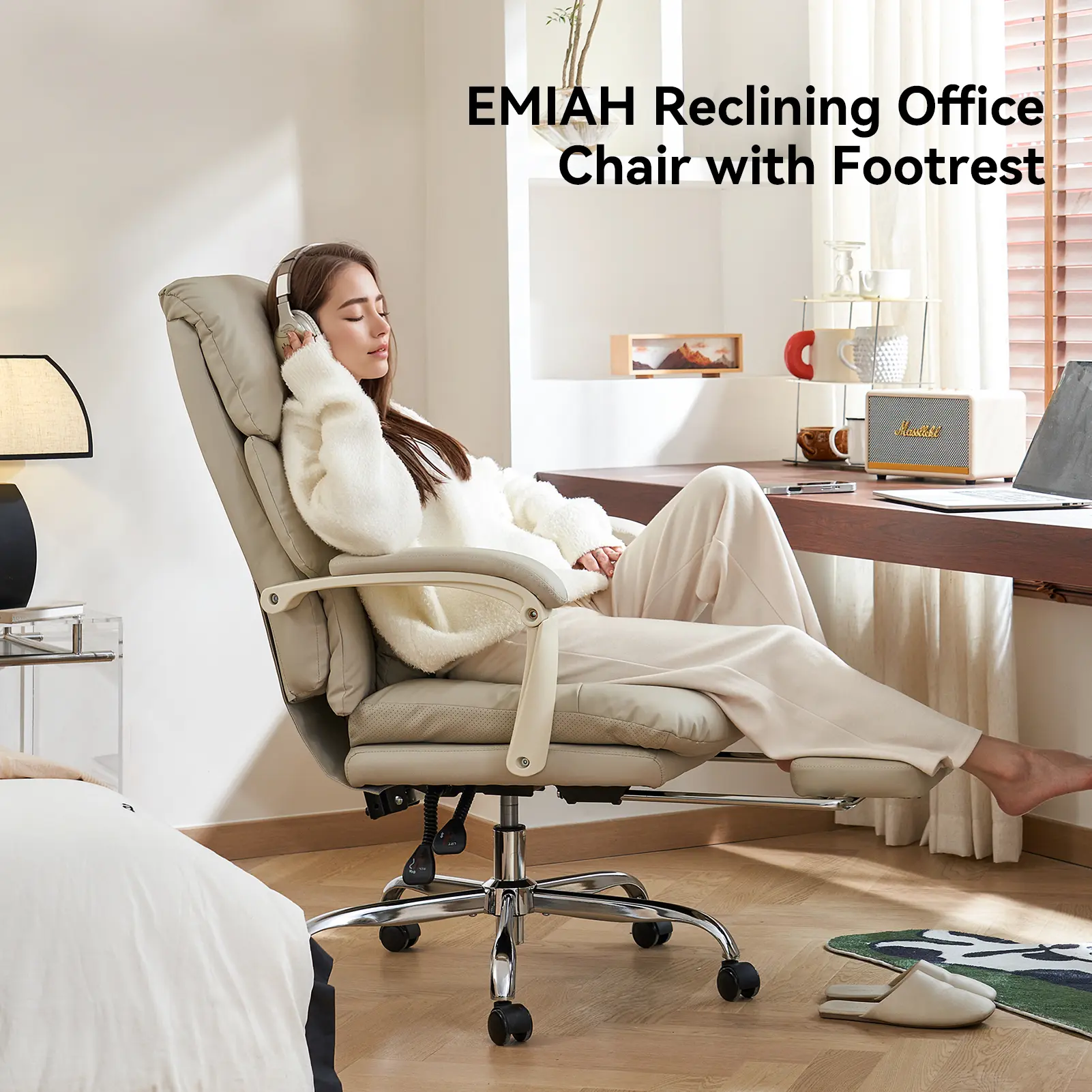 EMIAH C029 Modern Durable PU Leather Ergonomic Reclining Office Chair - Single-Seat Commercial Office Furniture with Footrest, Lumbar Support, High Backrest, Swivel Base, Adjustable Armrests, Recline-Wheel, Wheels, Assembly Required (Home Use)