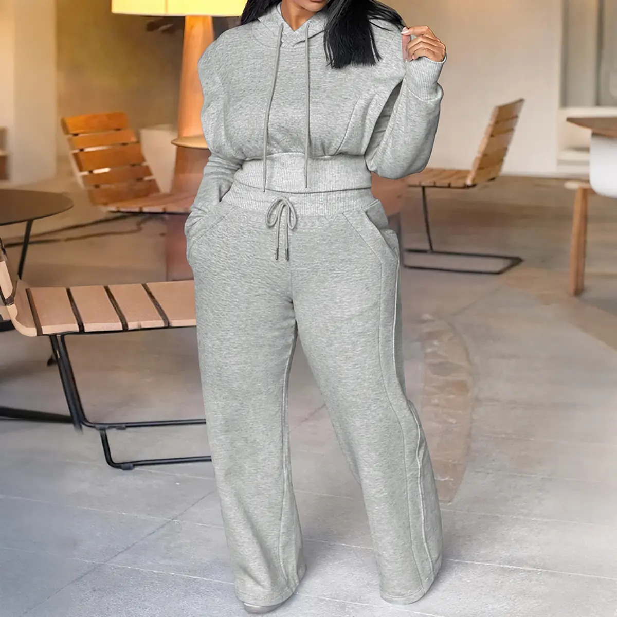 CHICME Hooded Long Sleeve Sweatshirt and Casual Wide Leg Sweatpants Set CHICME Hooded Long Sleeve Sweatshirt and Casual Wide Leg Sweatpants Set