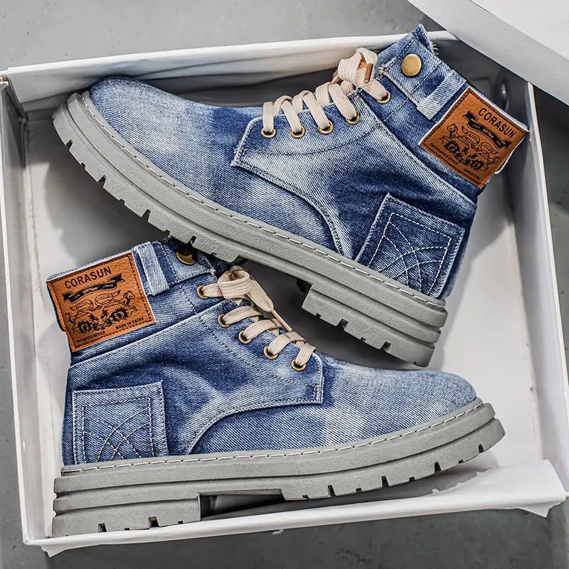 2025 Autumn New Men's Mid Top Denim Boots Fashionable Sports Leisure Shoes British Style Motorcycle Boots Hand Sewn Workwear Thick Soled Non Slip Outdoor Boots - Boy