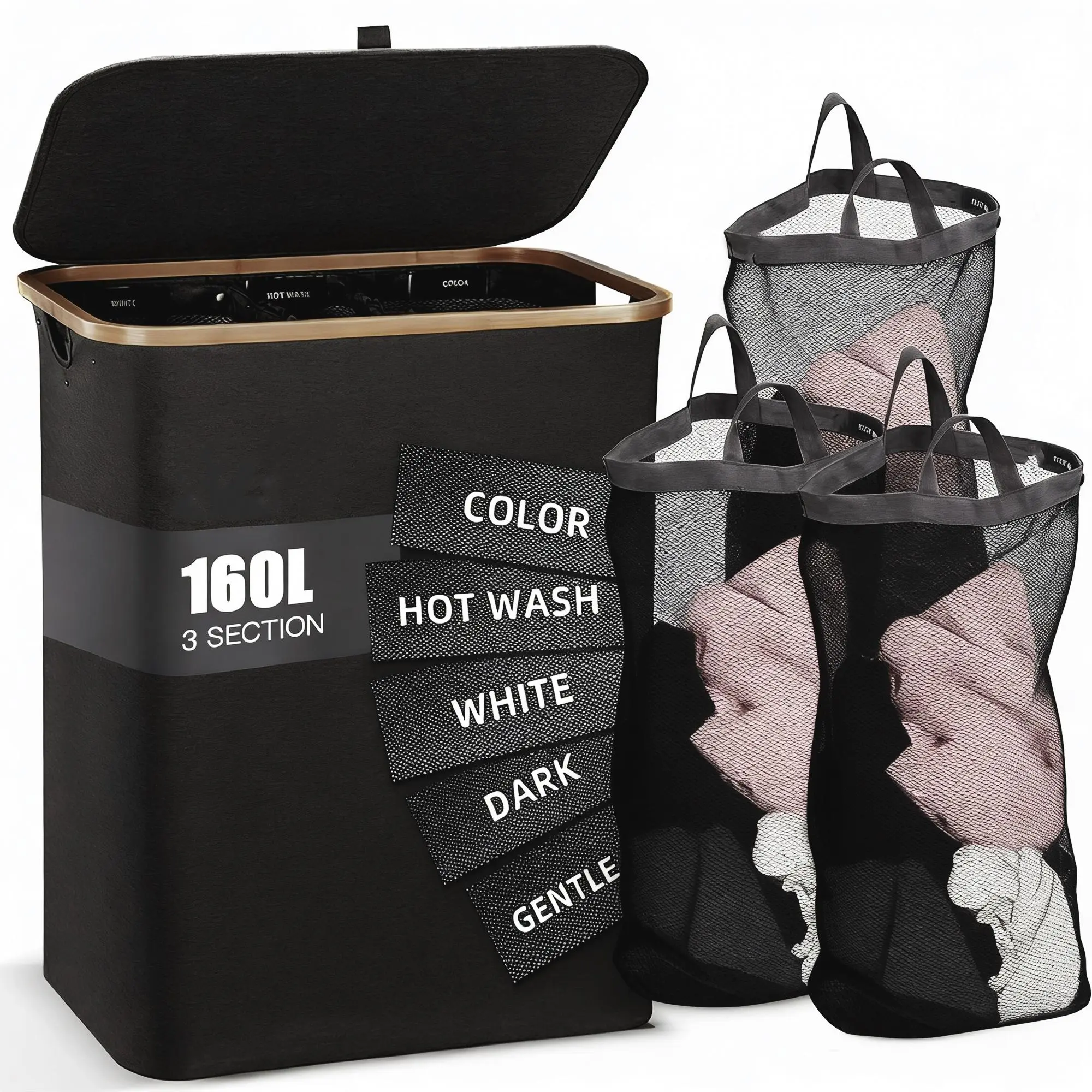160L Extra Large Laundry Hampers with Lid, 3-Section Home Dirty Clothes Organizer with Sturdy Handle 160L Extra Large Laundry Hampers with Lid, 3-Section Home Dirty Clothes Organizer with Sturdy Handle