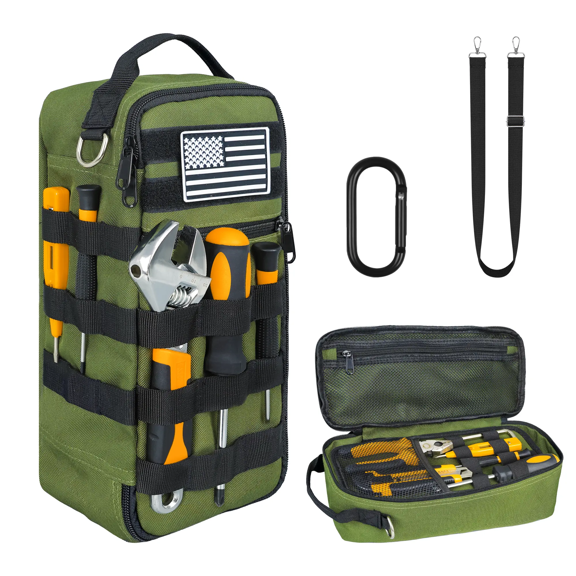 13 Inch Portable Small Tool Bag, Heavy Duty Tool Organizer Bag with Shoulder Strap and D-ring Clip, Tactical Tool Bag, Tool Pouch Bag for Electricians, Carpenters, HVAC Technicians