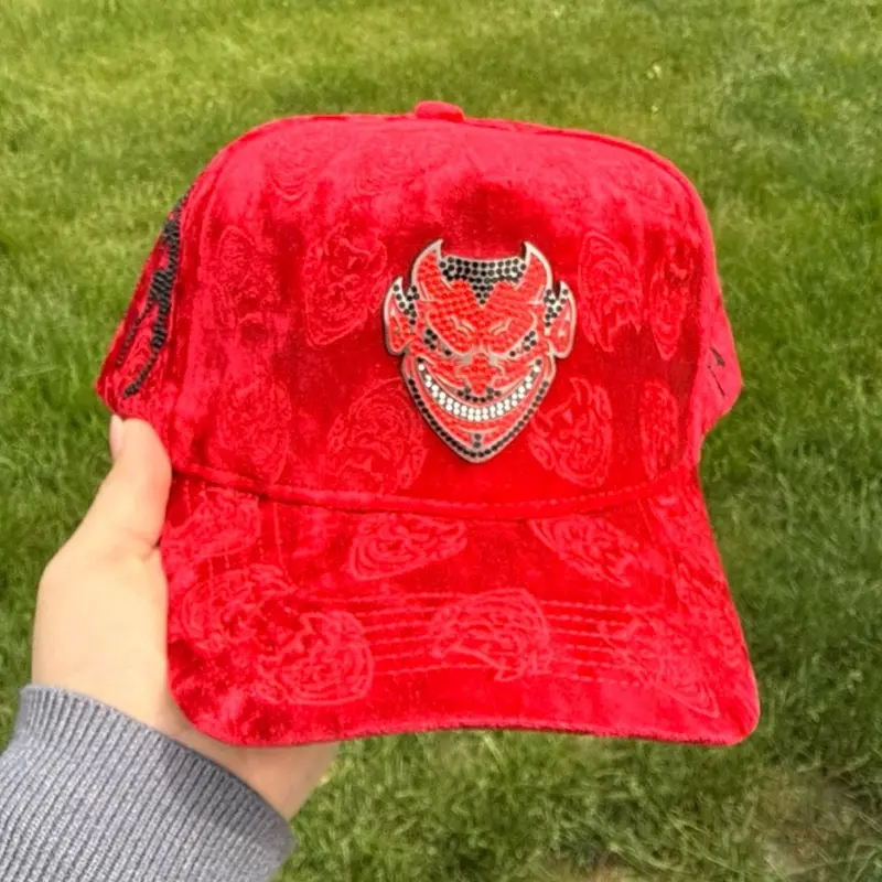 Devil's Hat - Black Velvet Baseball Cap with Red Devil Design and Skull Patterns