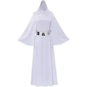 Women's Princess Leia Costume Adult Long Hooded Dress Leia Cosplay Outfits White Robe with Belt