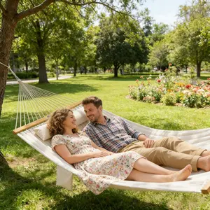 Outdoor Double Hammock with Pillow, Quilted Hammock Bed with Spreader Bar for Backyard Patio Garden Balcony Camping