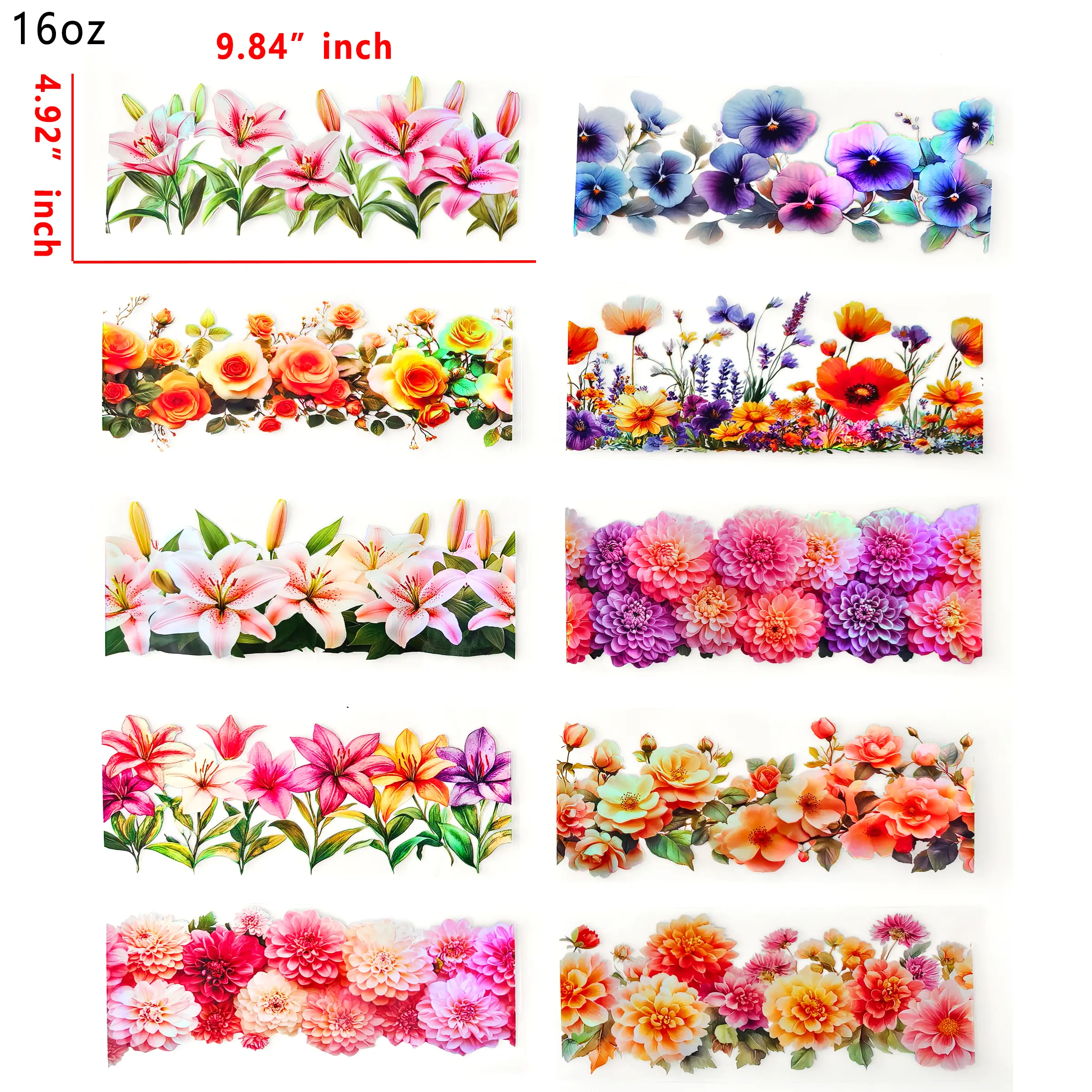 (F4) Holographic 10pcs flower UV DTF Cup Wraps for 16OZ tumblers Waterproof Acrylic Wraps for Cups Glasses &Smooth Objects Vivid Colors Strong Adhesion CustomizableStickers Decal Sticker Art Crafts Kit