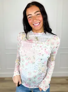 Anything You Want Sheer Mesh Long Sleeve Ivory Avery Mae Top with Floral Patterns, 92% Polyester & 8% Spandex, True to Size, Versatile for Layering or Standalone Wear