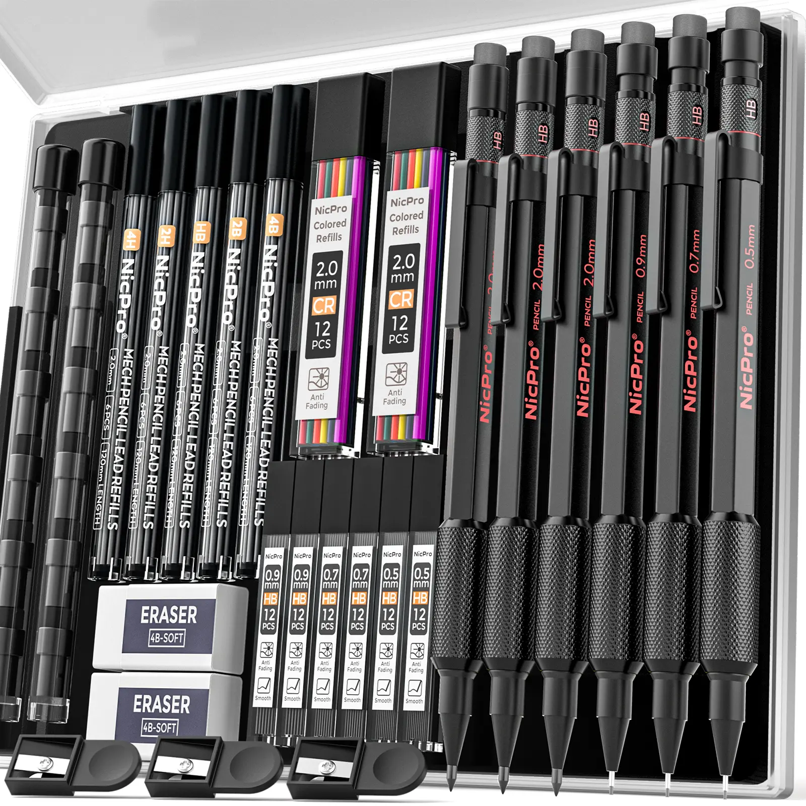 Nicpro 6-Pack Compact Metal Pencils Set with Case - Colorful Assorted Clip Functionality Drafting Pencils, 0.5/0.7/0.9/2mm, 13 4B/2B/HB/2H/4H Lead Refills, Weatherproof Barrel, Office & School Supplies for Outdoor Drawing