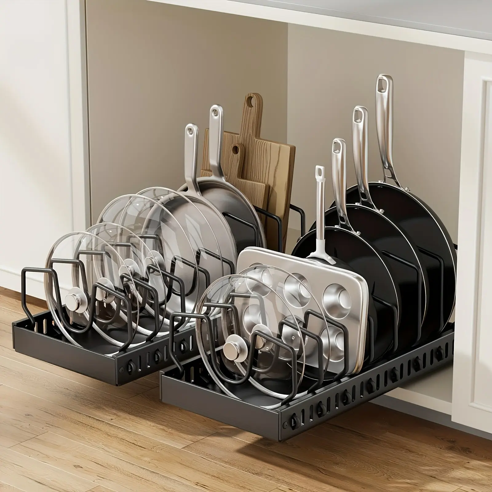 Kitchen Cabinet Pull-Out Storage Box, Fits Pots, Skillets, Bowls, Plates & Kitchen Utensils, Sliding Lid Holder & Pan Stand, Racks, Organiser