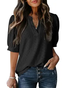 Women's Summer Business Casual Blouses V Neck Short Sleeve Shirts Hollow Out Cute Lace Tops Loose Fit Breathable Fabric