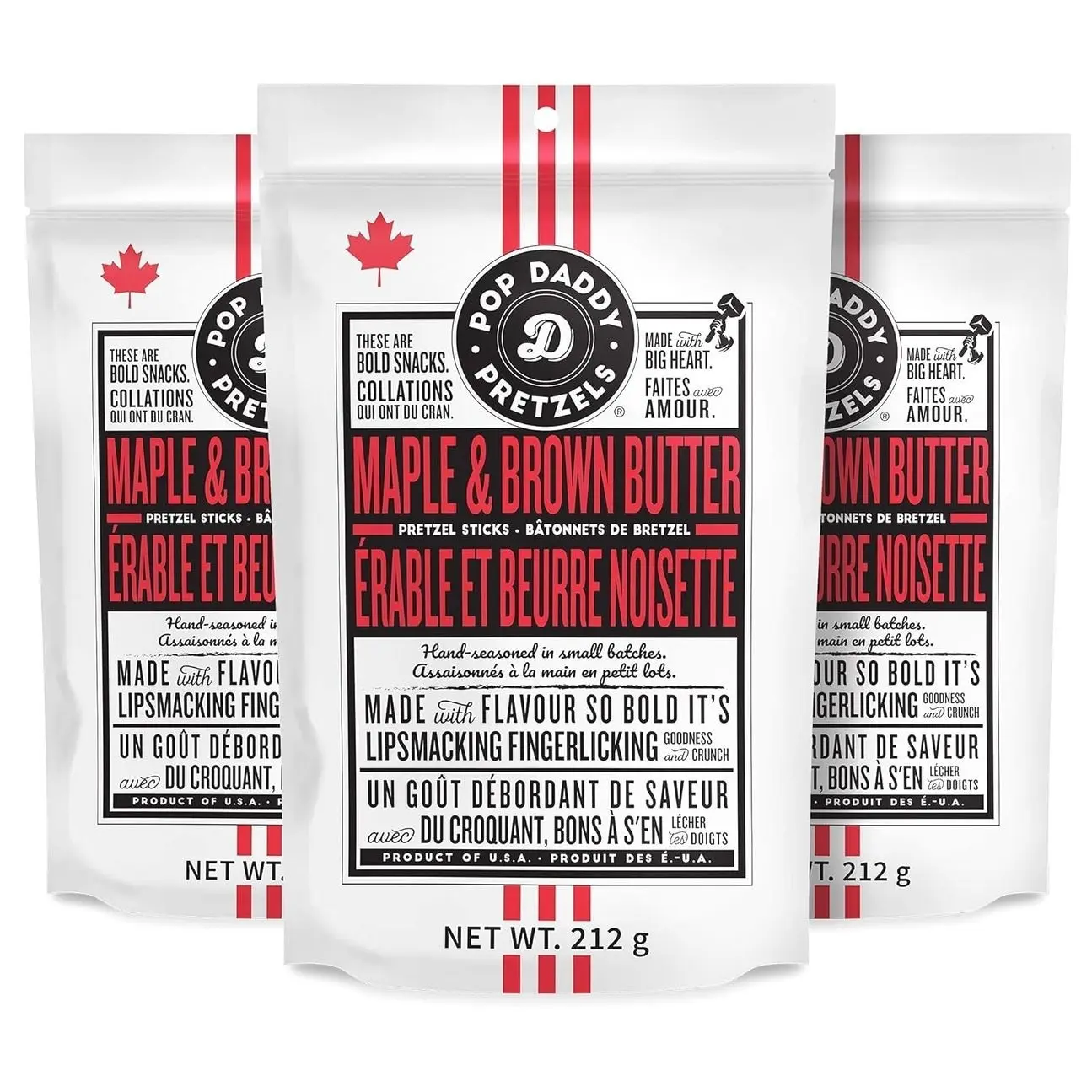 Pop Daddy Flavored Pretzels Sticks, Healthy Gourmet Pretzels Snacks, 7.5oz Individual Bags, 3 Pack, Maple and Brown Butter Flavor