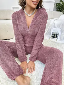 Plush Hooded Onesie with Ears Decoration, Soft Pajamas for Women & Girls, Cozy Winter Sleepwear & Loungewear, Cute Cartoon Animal Design