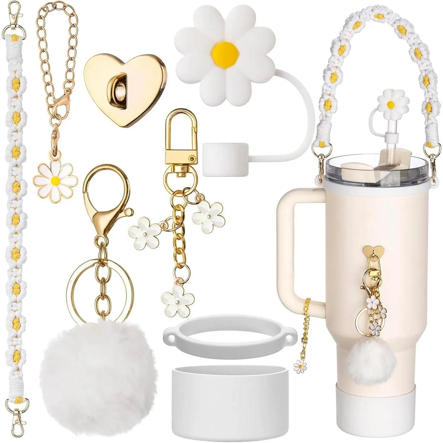 Stanley Cup Accessories With Handle Strap - Including Straw Topper, Water Bottle Strap, Silicone Stanley Boot, Cute Keychain Charms for Stanley 30oz 40oz Tumbler with Handle Cover Drinkware