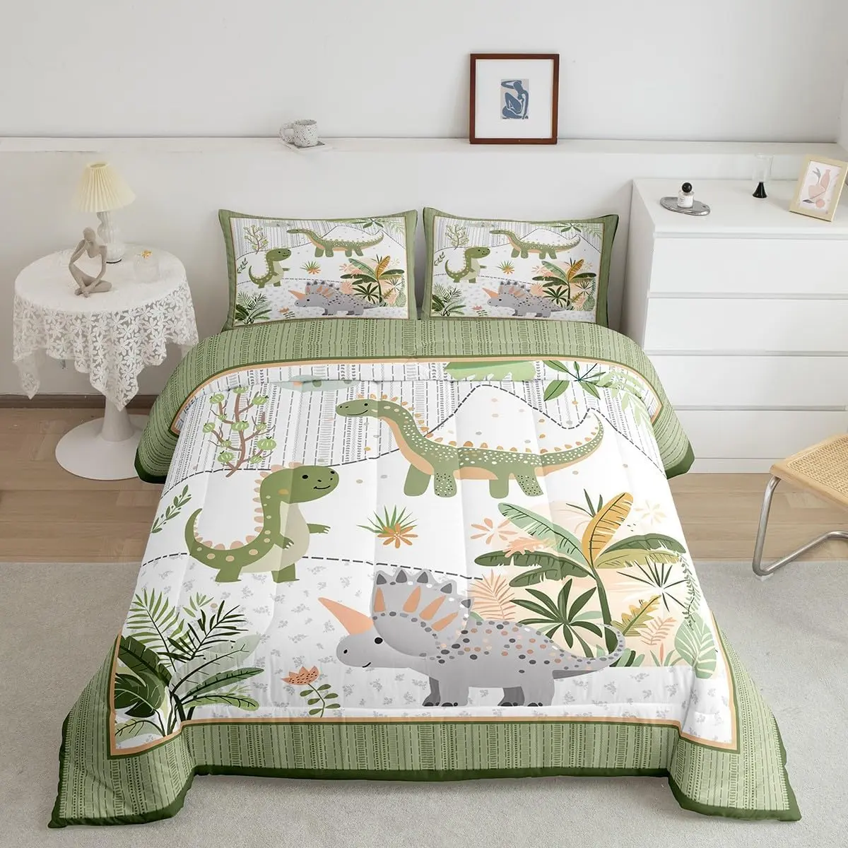 Kids Cute Dinosaur Bedding Set Toddle Cartoon Dinosaur Comforter Set Green Grey Duvet Set Coconut Plant Quilt Set