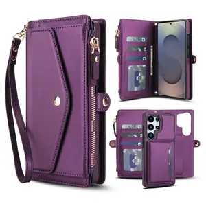 leather zipper ladies crossbody bag, Crossbody shoulder bag for Samsung/Galaxy S24 S23 S22Ultra/Plus, multifunctional wallet, RFID shielded card holder, removable phone case, wristlet wallet, Crossbody Purses