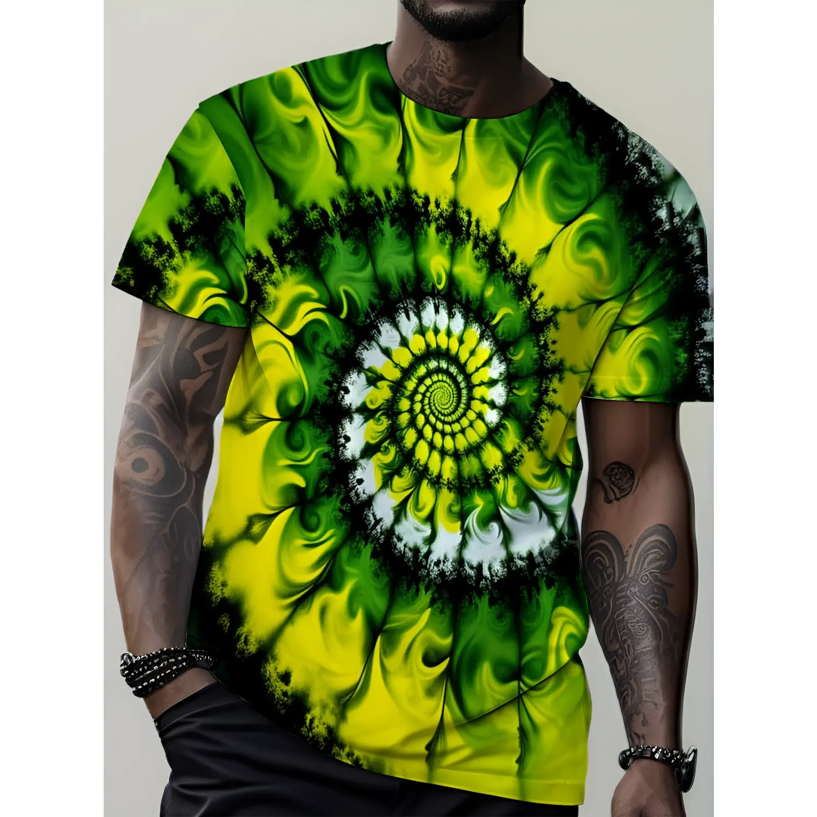 Men'S Spiral Tie-Dye T-Shirt with Green, Yellow, And Black Abstract Patterns, Perfect for Summer Casual Wear in Larger Sizes, Plus Size