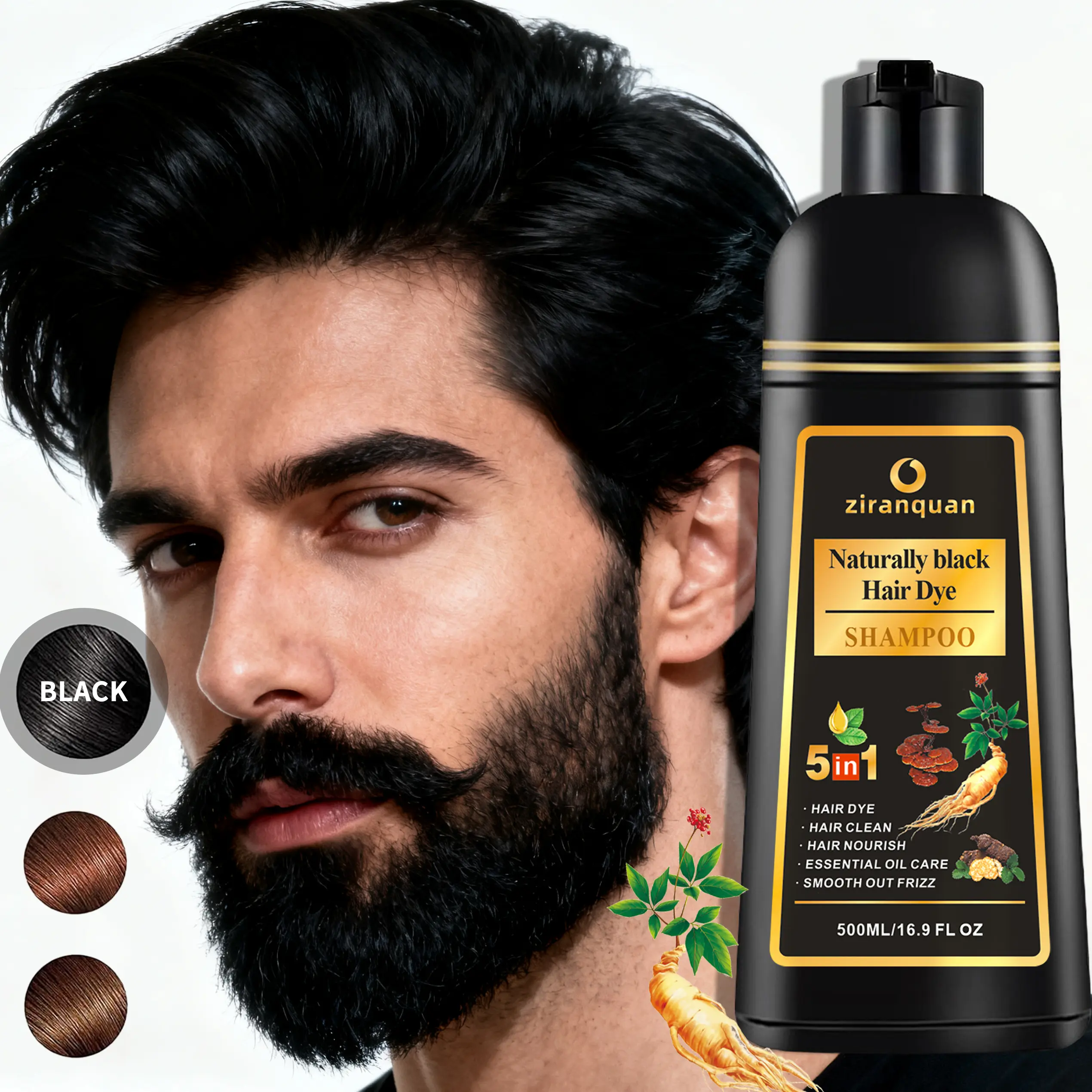Ginseng-Infused Ammonia-Free Black Hair & Beard Dye Shampoo - 10-Min 100% Gray Coverage Haircare, 5-in-1 Semi-Permanent Color (6-8 Weeks) Cleanses, Conditions, Controls Frizz, Scalp-Friendly, 500ml