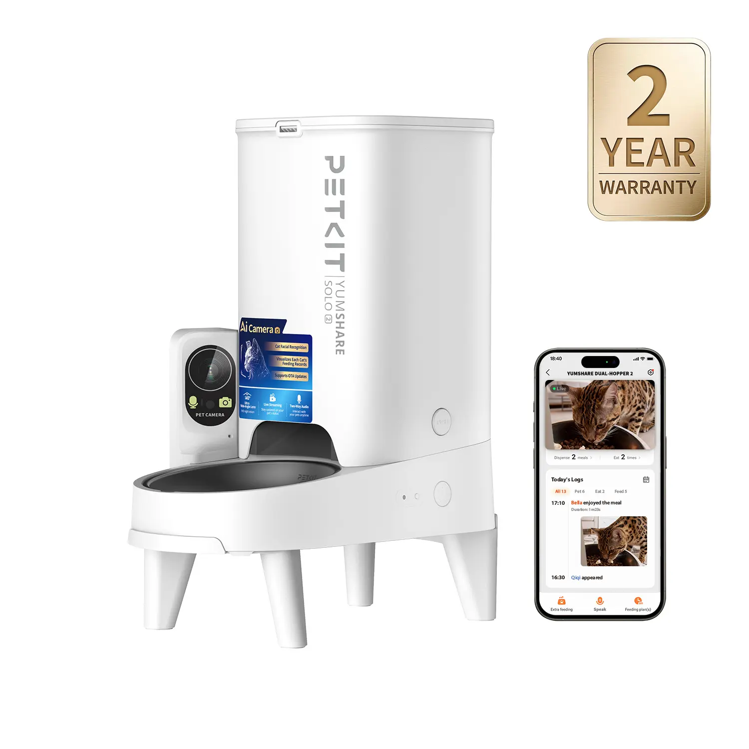 PETKIT YumShare Solo 2 Smart Stainless Steel 3L AI Pet Food Feeder with Camera - Facial Recognition for Up to 15 Pets, Live Video Streaming, App Control, Customized Meal Plans, Triple Fresh-Lock Systems (for Dogs & Cats), Power Supply, Silicone