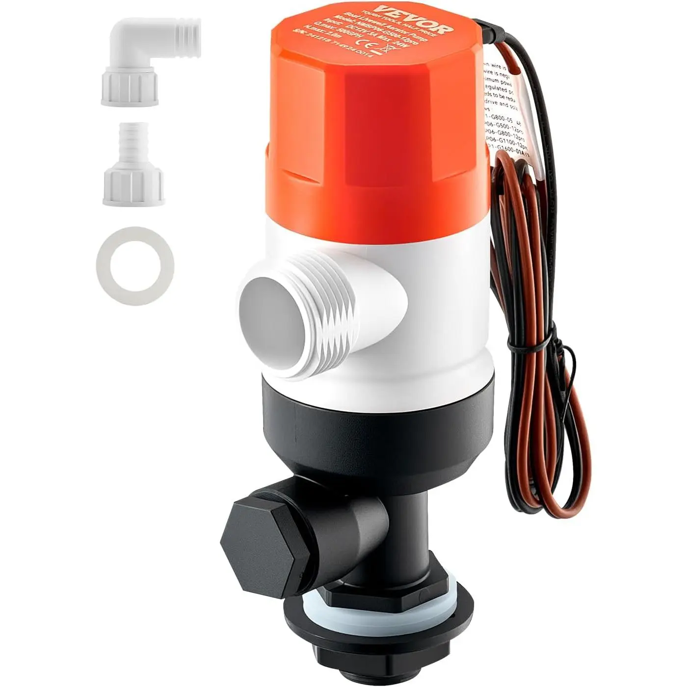 VEVOR 12V 500 GPH Straight Livewell Aerator Pump for Boats, Dual Inlet Design, Durable ABS Housing, Detachable Motor Cartridge, Corrosion-Resistant with Carabiner for Freshwater Saltwater, Easy Installation