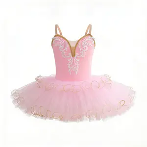 Girls Pink Ballet Tutu Dress Gold Trim Embroidery Dance Dress