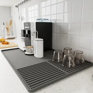 Coffee Mat with Raised Edges, 20'' X 12'', Bar Mat for Countertops, Fits Coffee Maker, Espresso Machine, Dish Drying Mat (GRAY)