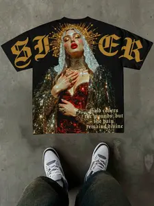 Gold Saint Mary Thorn Print T-Shirt, Dark Gothic Religious Style, Summer Half Sleeve Top for Men, Must-Have Trendy Menswear