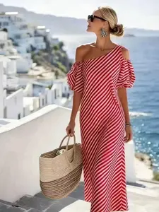 Women's Fashion Striped Short Sleeve Dress, Casual Long Dress for Daily Wear, Stylish and Comfortable Clothing for Women