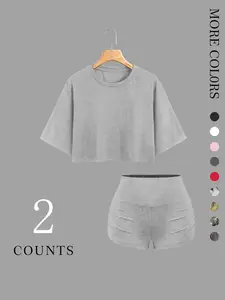 Women's 2-Pack Oversized Short Sleeve Crop Top & Ruched Shorts Set, Soft Stretchy Fabric, Crew Neck Casual Daily Loungewear, Solid Color, Leopard, Stripe & Camo Print Available, Womenswear