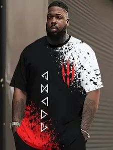 Men's Plus Size Casual T-Shirt, Geometric Print, Loose Fit Short Sleeve Round Neck Top, All Seasons Wear