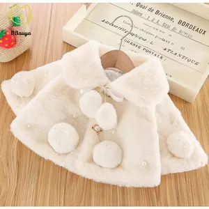 Baby Girl Winter Clothes Solid-Color Wide Lapel Long Batwing Sleeve Fur Coat Pearl Decoration Cloak