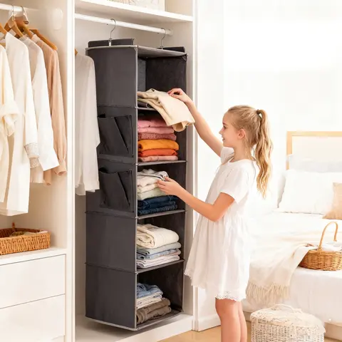 Multi-layer Hanging Clothes Storage Organizer, Space Saving Hanging Clothes Organizer with Side Pocket, Foldable Clothing Storage Bag, Home Organizer for Bedroom, Closet Storage Bag