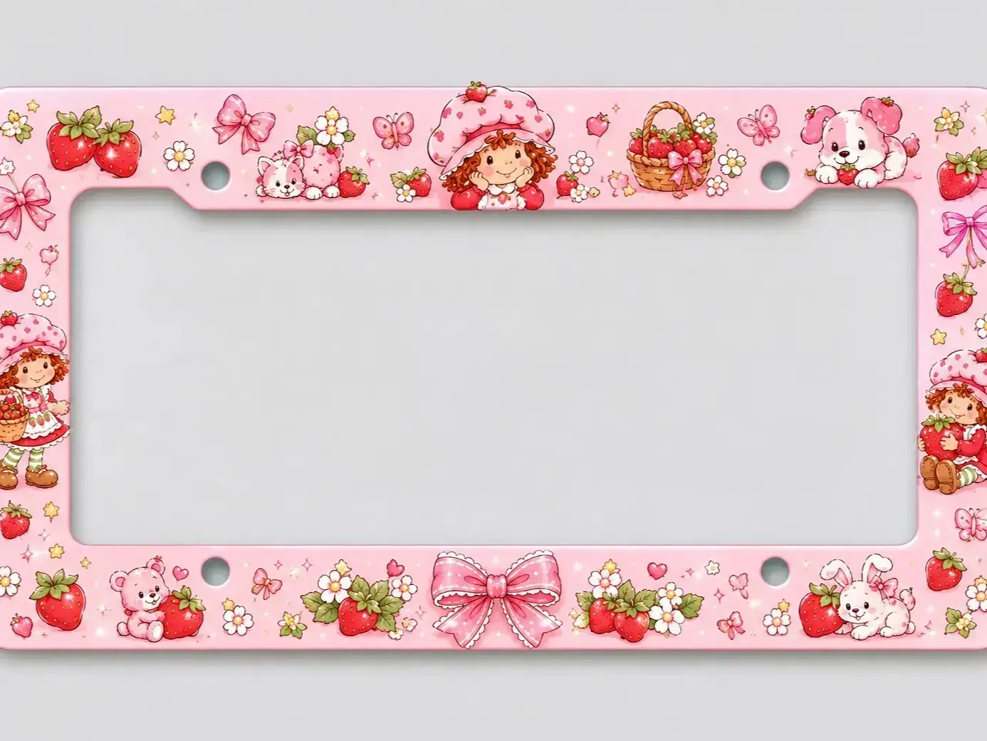 Strawberry Shortcake License Plate Frame – Cute Pink Strawberry Car Tag Holder, Kawaii Vehicle Frame, Front & Rear Auto Accessory Gift