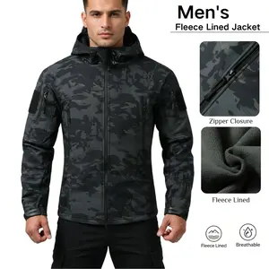 Men’s Tactical Camouflage Outdoor Long Sleeve Fleece Hooded Softshell Jacket - Full Zipper, Multiple Utility Pockets, Casual Military Design for Hunting, Mountaineering