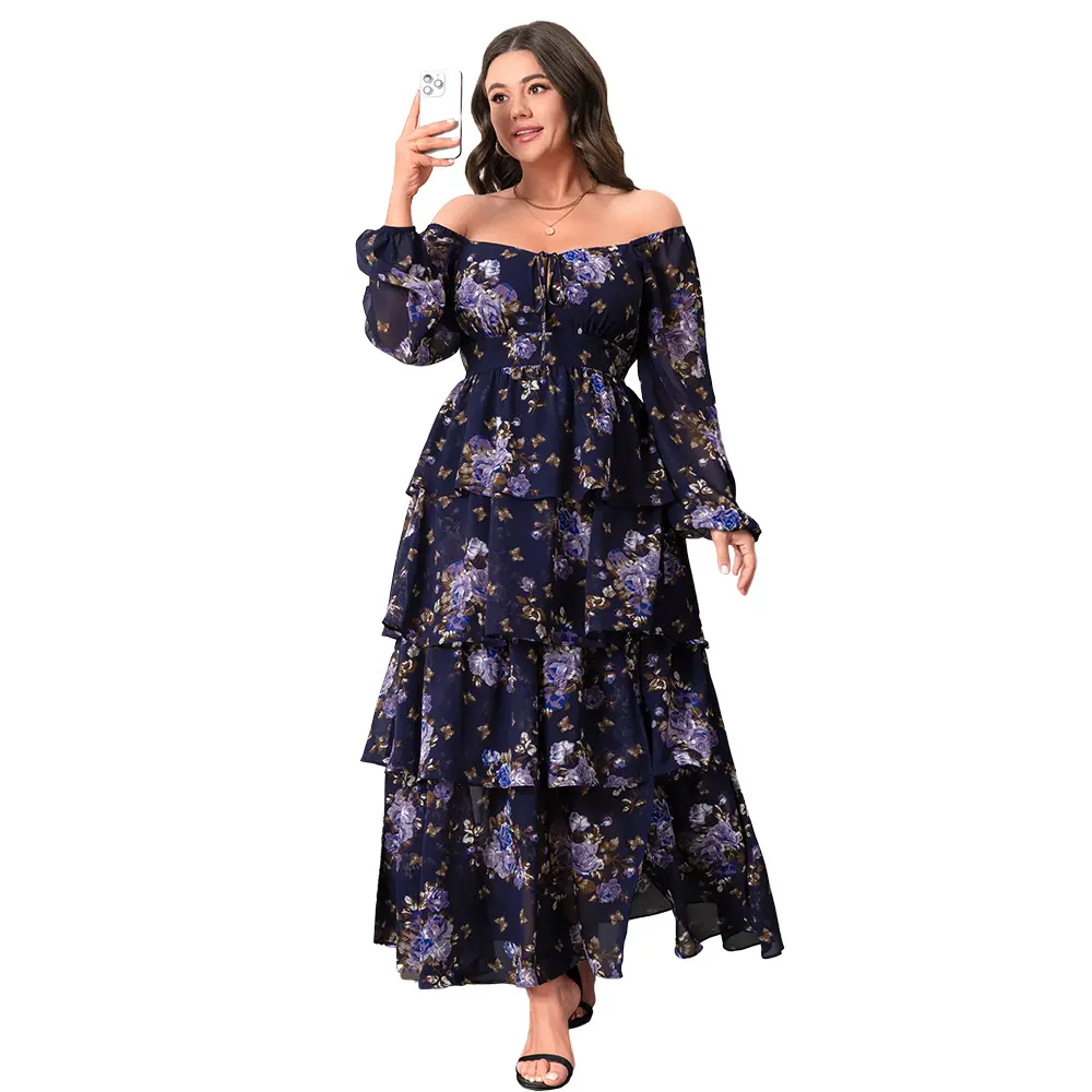 EYWOL Women's Plus Size Holiday Dress Outfit Boho Floral Long Sleeve Maxi with Side Slit Tiered Ruffles Christmas Party & Thanksgiving & Easter & Mother's Day