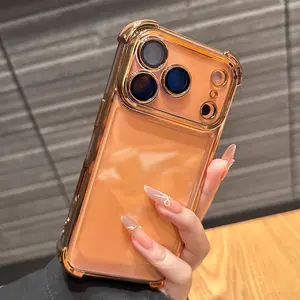 Luxury Buffer Impact Shockproof Plating Transparent Phone Case for iPhone 17 Air 16 15 14 13 12 11 17 Pro Max with Glass Lens Protector Soft Frame Hard Acrylic Clear Back Cover