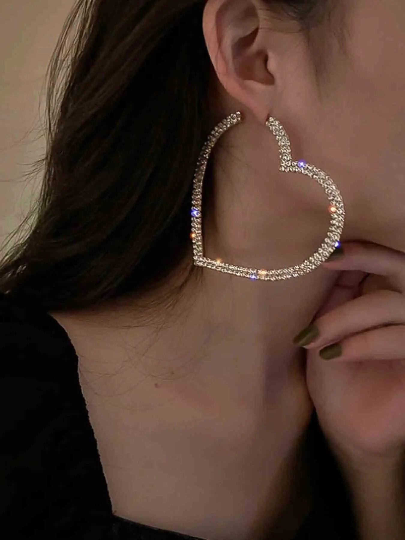 Fashion Trendy Exaggerated Rhinestone Heart Earrings, Simple Elegant Women's Party Jewelry, Unique Personality Earings, High Quality Earrings, Earring Hoops, Fashionable Earrings