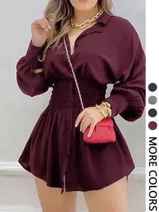 Women's Fashion Solid Color Long Sleeve Dress with Shirred Waist, Elegant Casual Style, Perfect for Spring & Fall