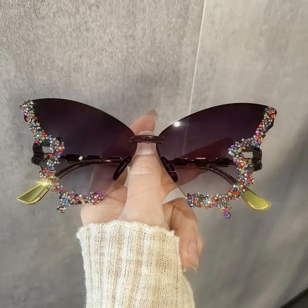 Butterfly Frameless Fashion Glasses, Party Sunglasses for Women, Fashionable Sunglasses, Chic Sunglasses, Sparkling Rhinestone Gradient Decoration, Gradient Lens Sunglasses, Perfect for Party and Events, Summer Sunglasses, Rimless Sunglasses