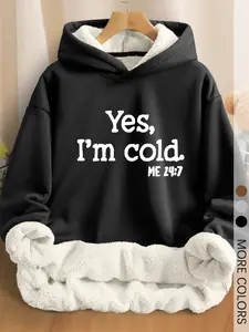 Women's "Yes, I'm Cold" Geometric Graphic Hoodie Sweatshirts with Sherpa Lined Regular Fit Long Sleeves Top, Featuring ME 24:7 Print for Winter Street Casual Style