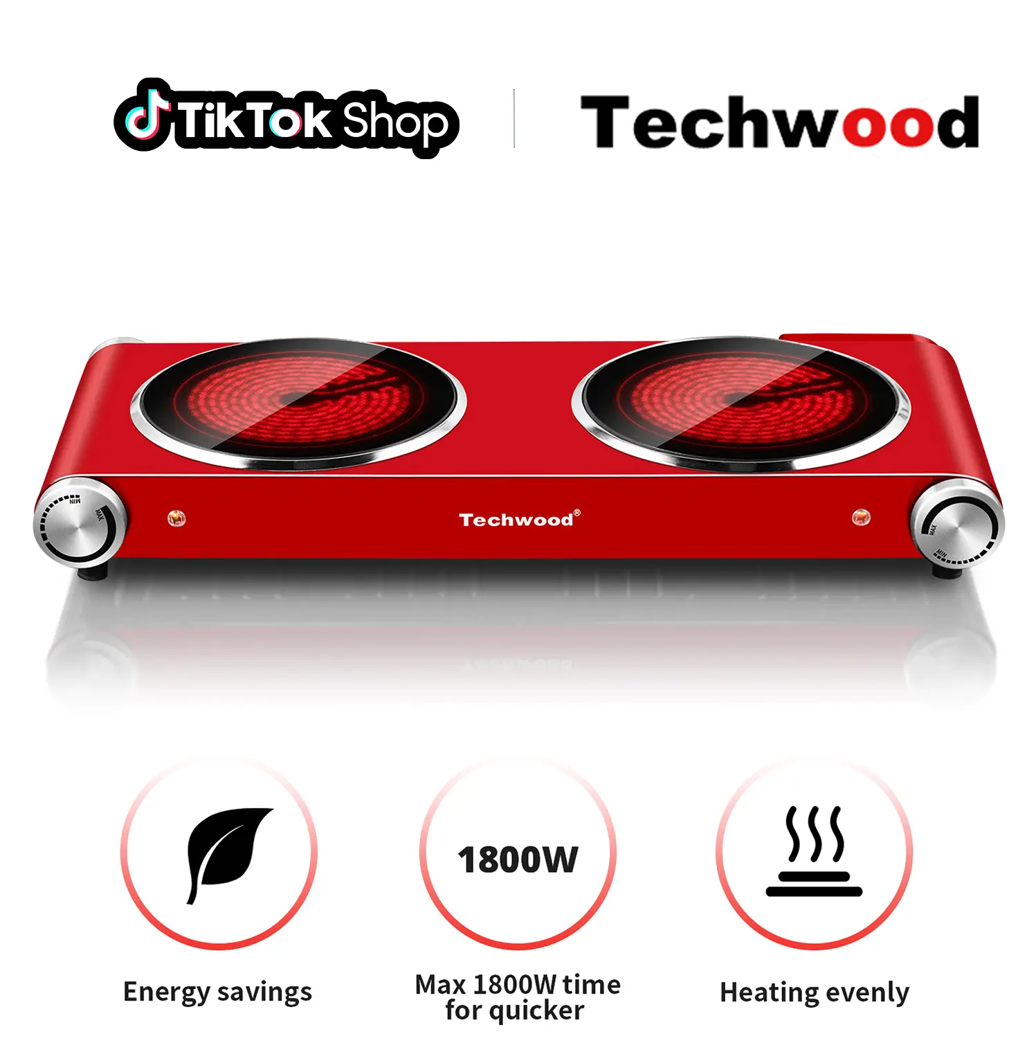 Techwood 1800W Dual Burners Infrared Portable Countertop Induction Hob - Classic Steel Frame, US Plug, Stylish Compact Body, Brushed Stainless Steel & Dual Crystallite Glass Ceramic Cooktop, Easy Cleaning, Black, SummerFinds, Portable Countertop Induction