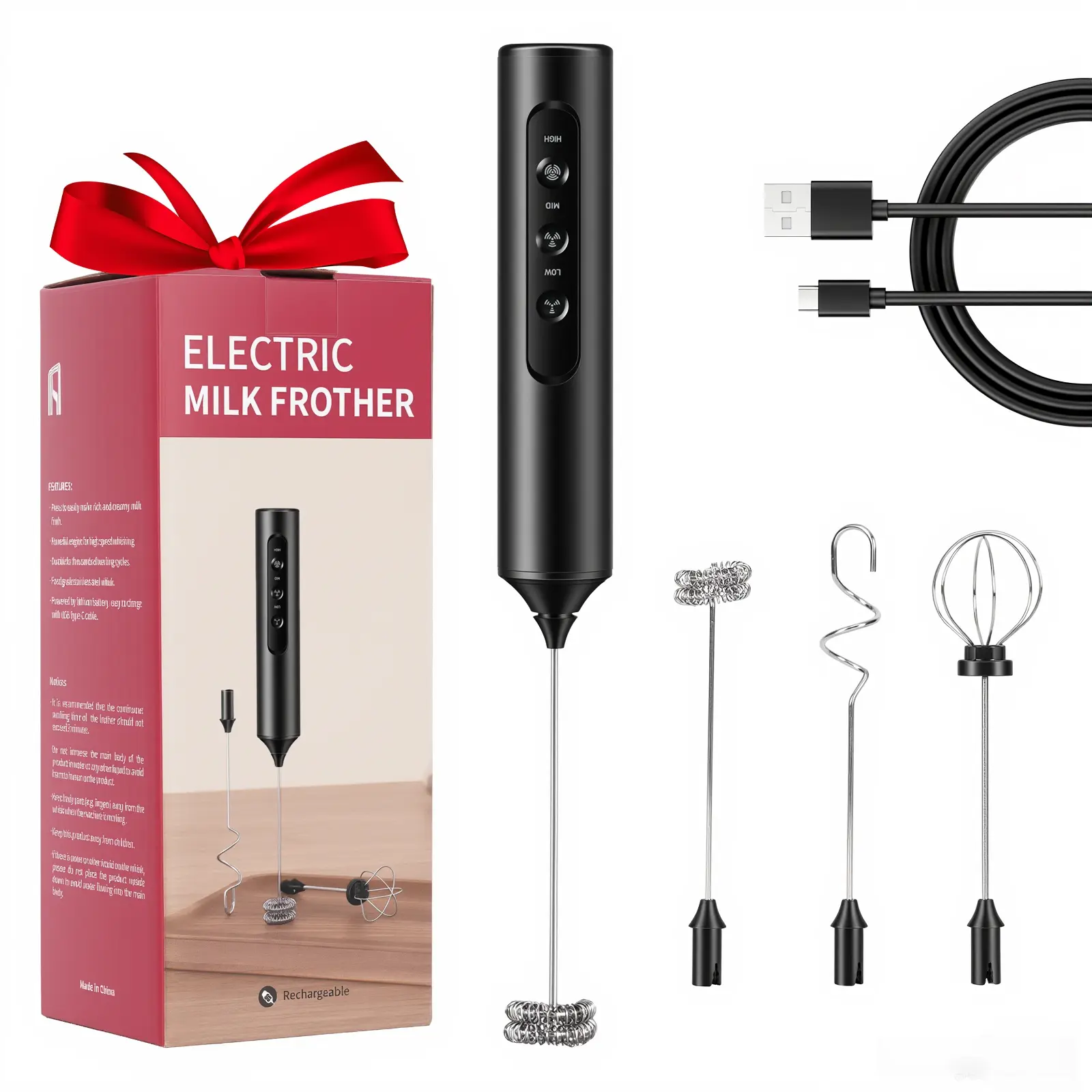 2026 Upgraded Rechargeable Milk Frother, Handheld Electric Coffee Mixer with 3 Whisks & 3 Speeds for Iced Coffee, Matcha, Cold Foam, Lattes & Summer Home Coffee Bar