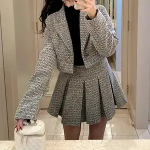 Elegant & Chic Tweed Blazer & Skirt Set - Structured Cropped Blazer & Matching Pleated Mini Skirt in Navy Blue Tweed Fabric - Womenswear