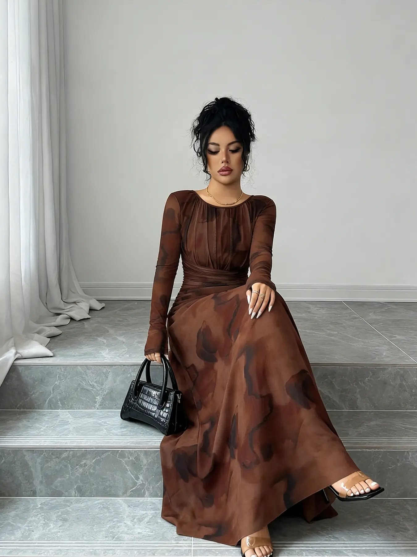 knee length dresses for ladies Brown Pleated Long Sleeve Skater Dress – AX Paris main image 1