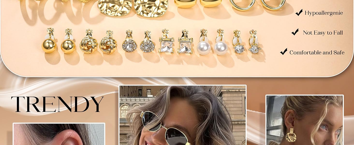 LOLIAS Clip On Earrings for Women 14K Gold Plated Clip Earrings Non Pierced Ears Clips CZ Pearl Knot Twist Chunky Hoop and Studs Earring Set Hypoallergenic Fake Earings Jewelry