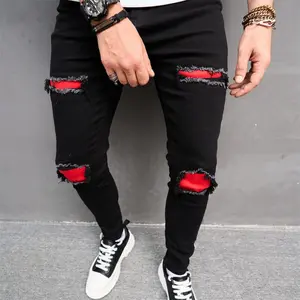FashionMenHipHopDistressedHolesPatchSkinnyJeansRippedBlackStretchSlimFitMalePencilDenimPantsMenswearUnderwearTrouserHumanStreetwearMotocrossBeigePlain