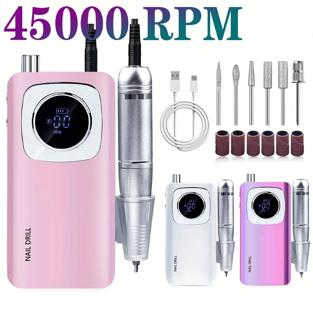 45000RPM Nail Drill Machine Electric Portable Nail File Rechargeable Nail Sander For Gel Nails Polishing For Home Manicure Salon
