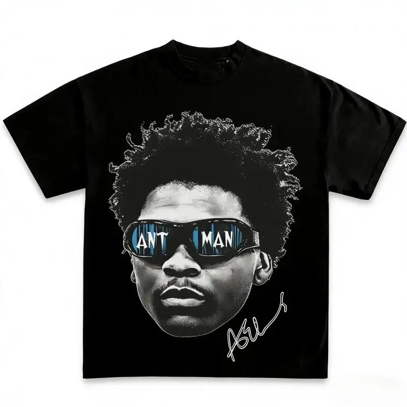 {100% Cotton}Anthony Edwards Printed Short-Sleeve Round Neck T-Shirt - Unisex Relaxed Fit Casual Daily Streetwear Sporty Top, Multi-Size Pullover with Patterned Front (Black)