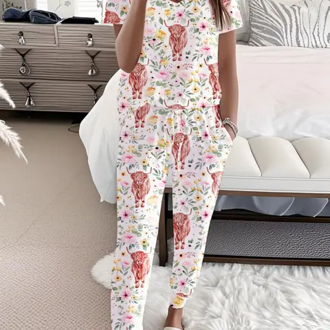Women's Cartoon Animal Print V Neck Tee & Pants Pyjama Two-piece Set, Printed Pajama Set, Soft Casual Pajamas, Casual Comfy Short Sleeve T-shirt & Pocket Trousers PJ Set, Ladies Summer Sleepwear, Loungewear