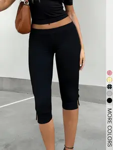 Women's Split Hem Capri Pants, Solid Black Mid-Calf Capri Pants With Side Slits, For Yoga and Daily Wear, Yoga Leggings