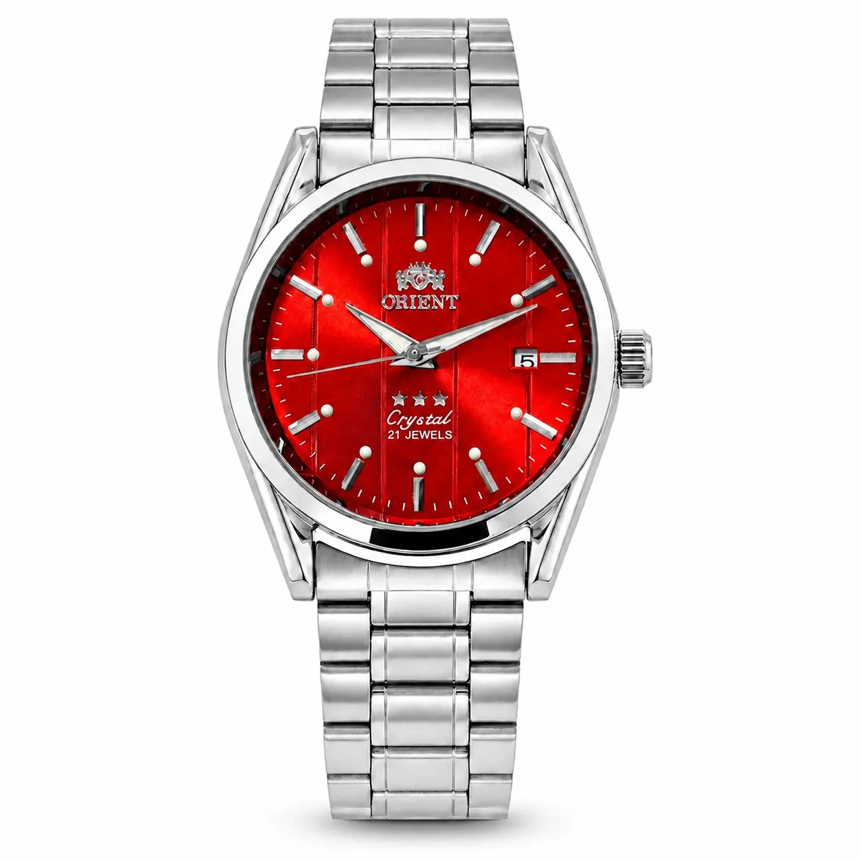 Genuine Japanese ORIENT Automatic Mechanical Men's Business Wrist Watch, Black Vertical Textured Dial, Polished Stainless Steel Case, Classic Multi-Link Solid Bracelet