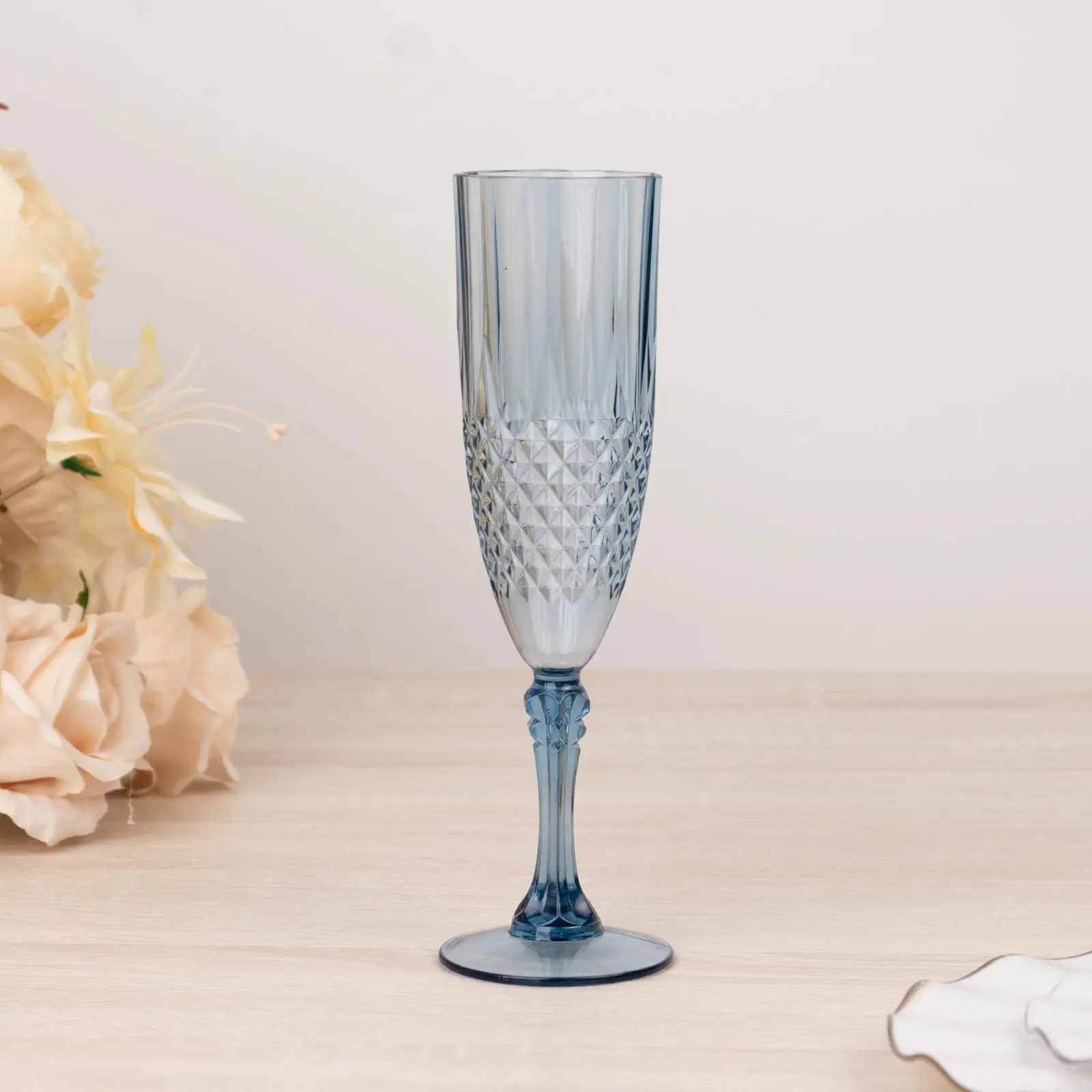 6-Pack Fluted Champagne Cup - 8oz Transparent Plastic, Crystal Cut Style Dusty Blue Shatterproof Drinking Glasses for Wedding Toast, Glasses for Drinking